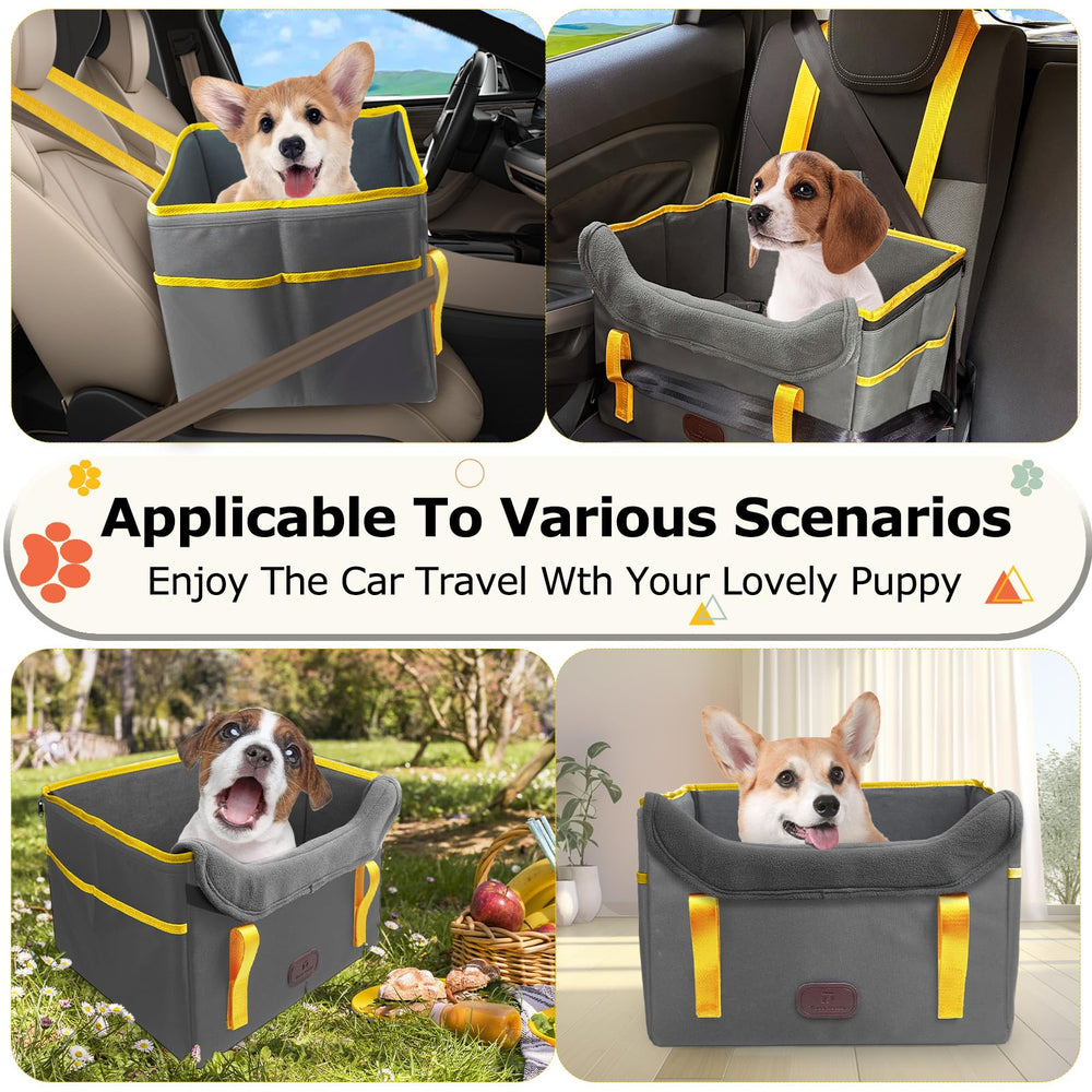 ThreeDokke dog car seat side view highlights waterproof fabric and leash clip