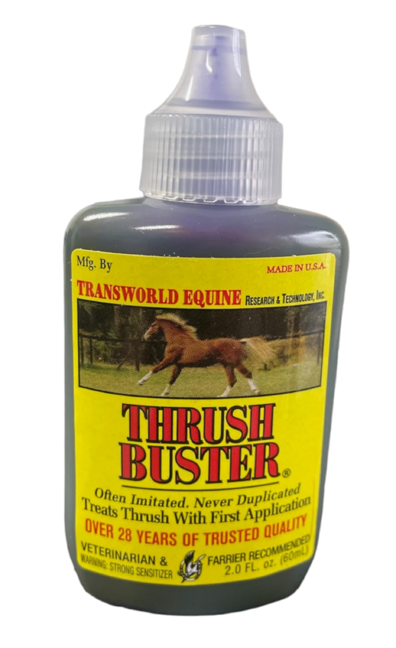 THRUSH BUSTER bottle pour demonstrates easy-to-apply hoof care for thrush treatment.
