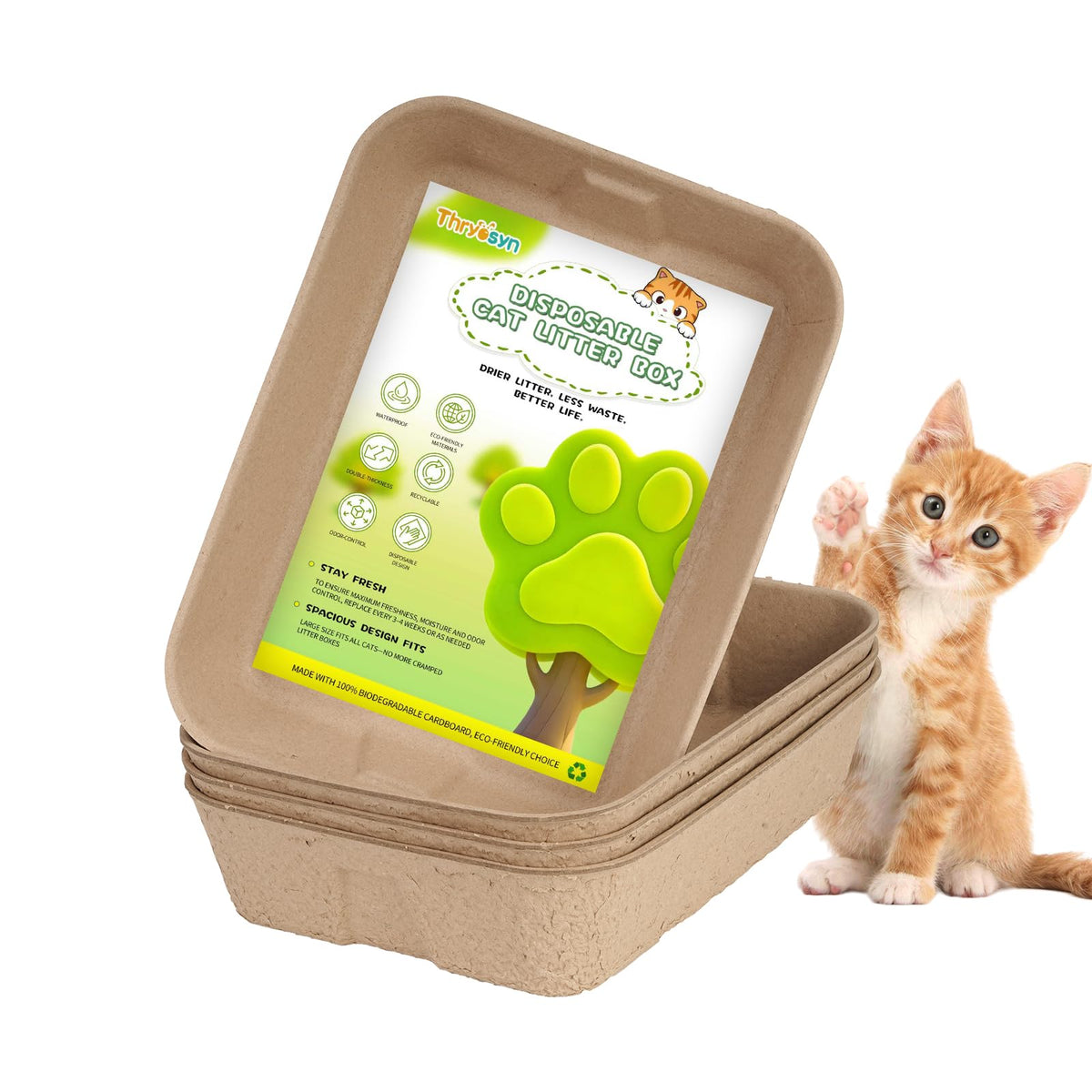 Thryosyn disposable litter box large pack ready-to-use packaging for quick setup