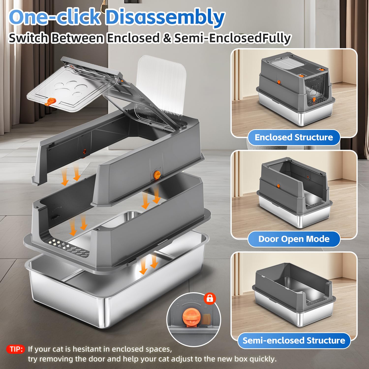 THS MUMS dual-enclosure stainless steel litter box prevents leaks and odors