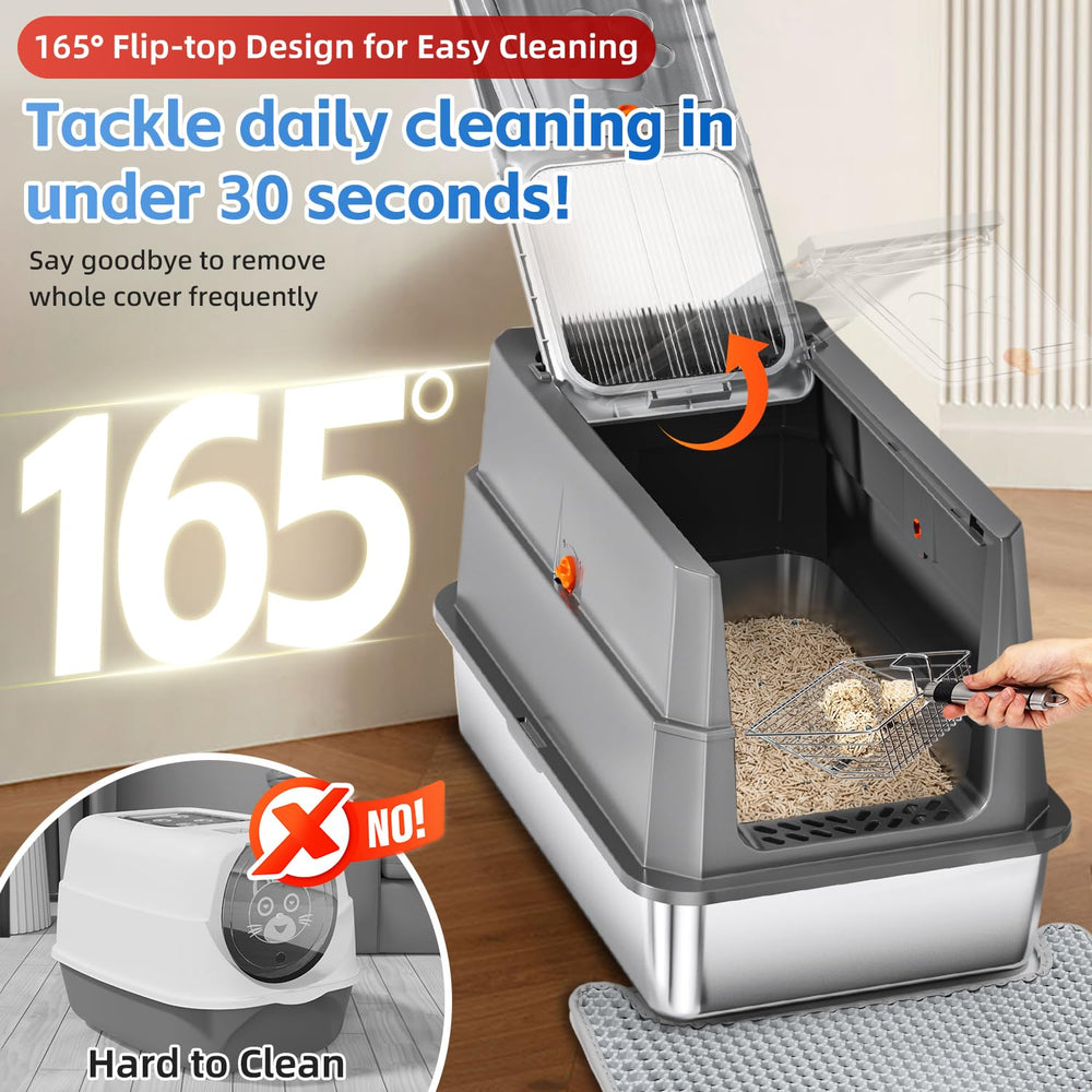 THS MUMS stainless steel litter box front-entry design reduces litter tracking