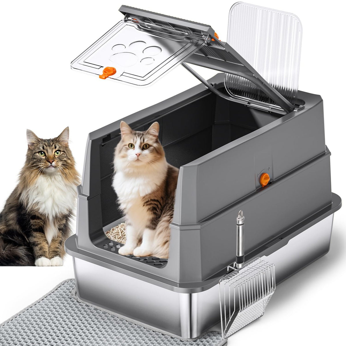 THS MUMS stainless steel litter box with lid open enables quick maintenance