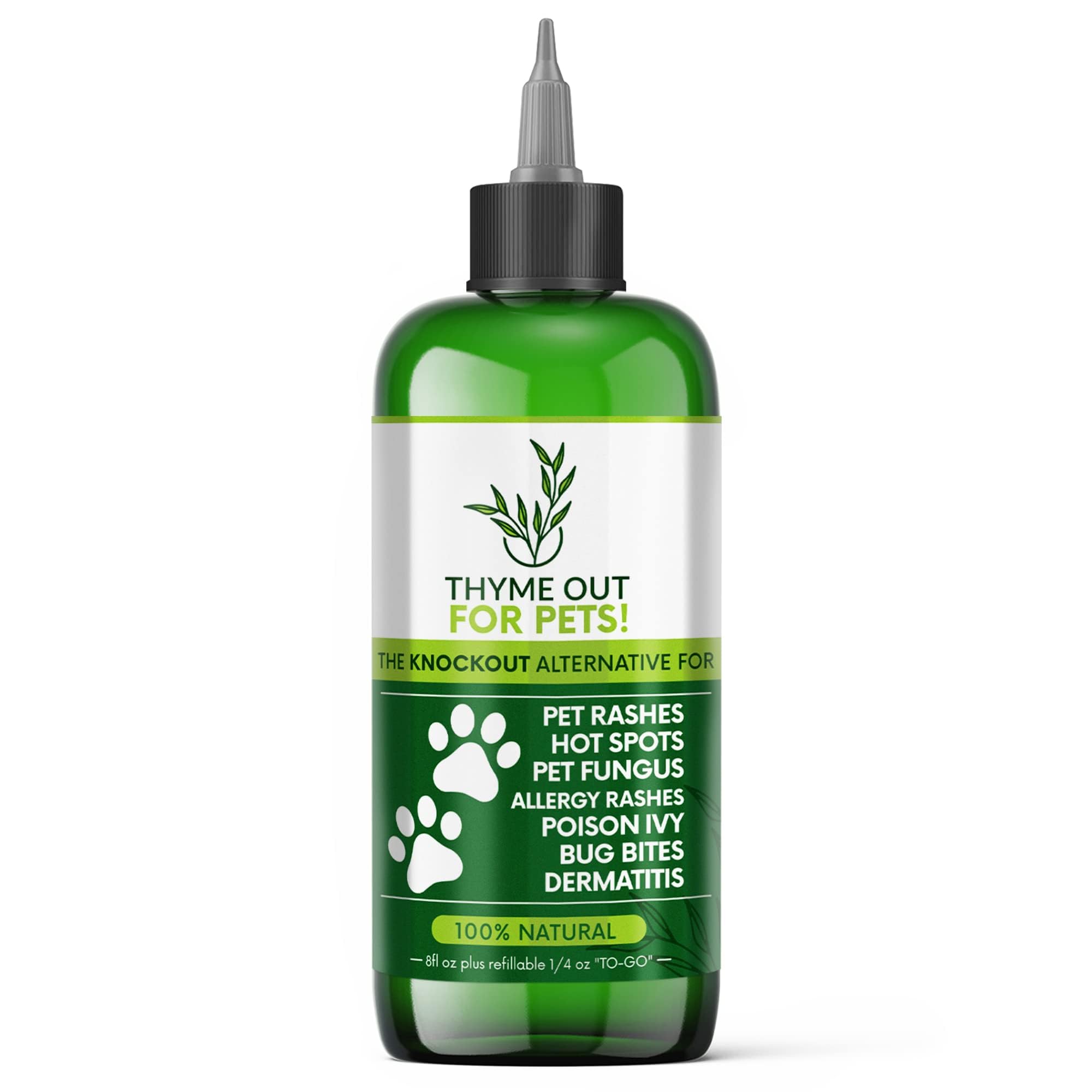 Thyme Out Pets 8oz bottle pour for easy topical itch relief