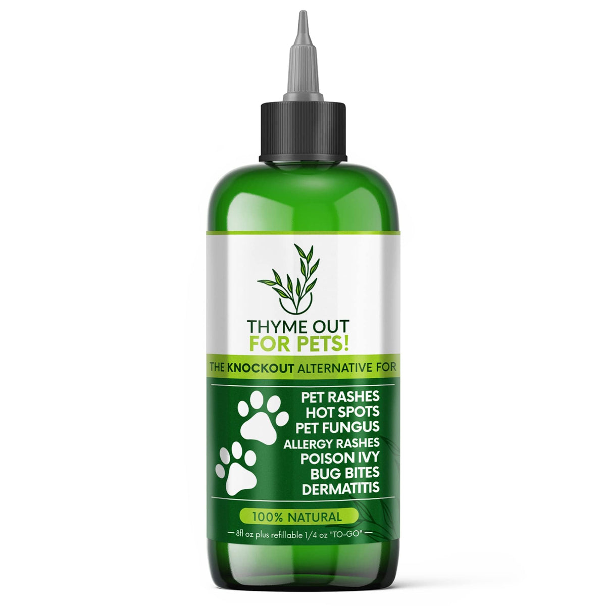 Thyme Out Pets 8oz bottle pour for easy topical itch relief