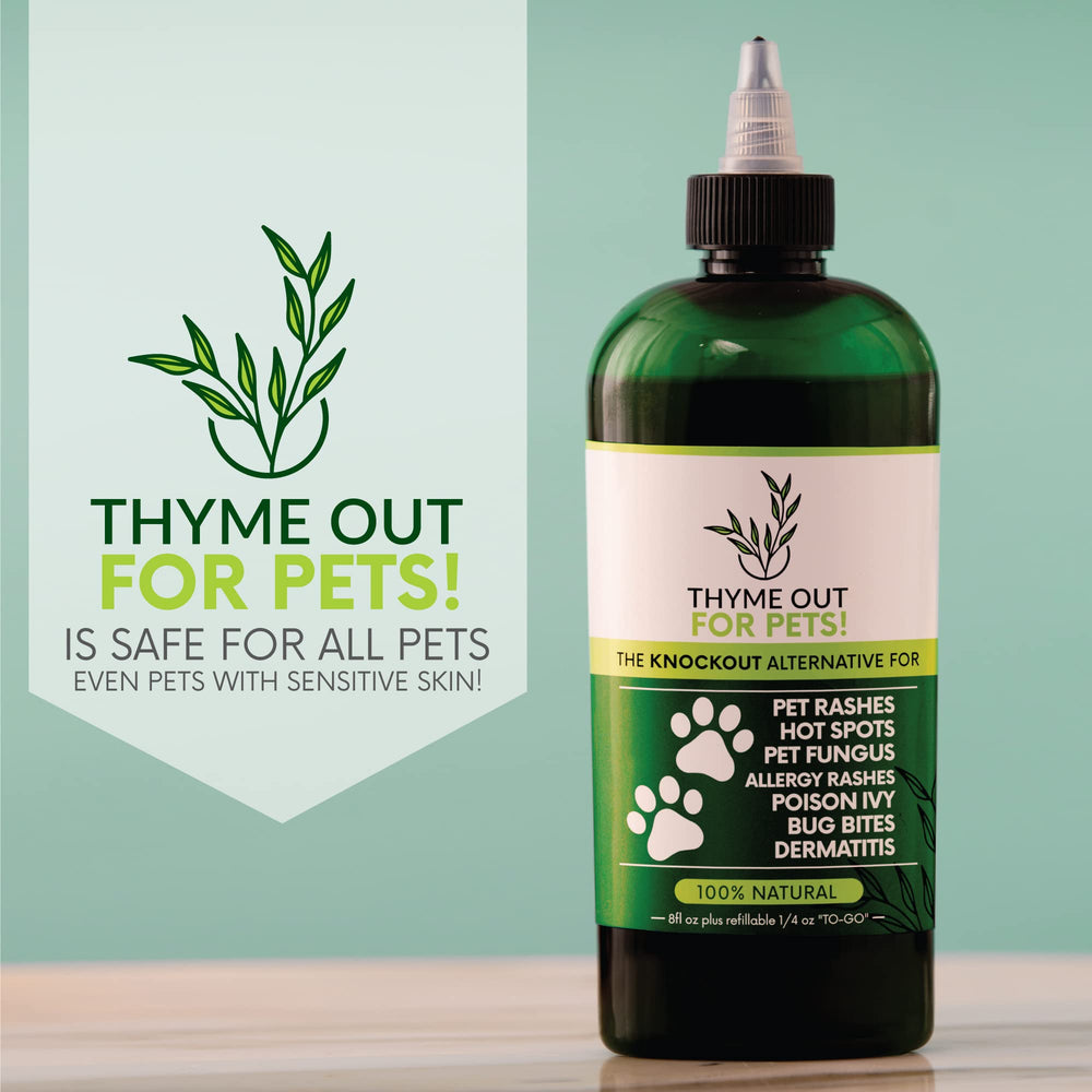 Thyme Out Pets yeast-infection-care bottle on skin surface