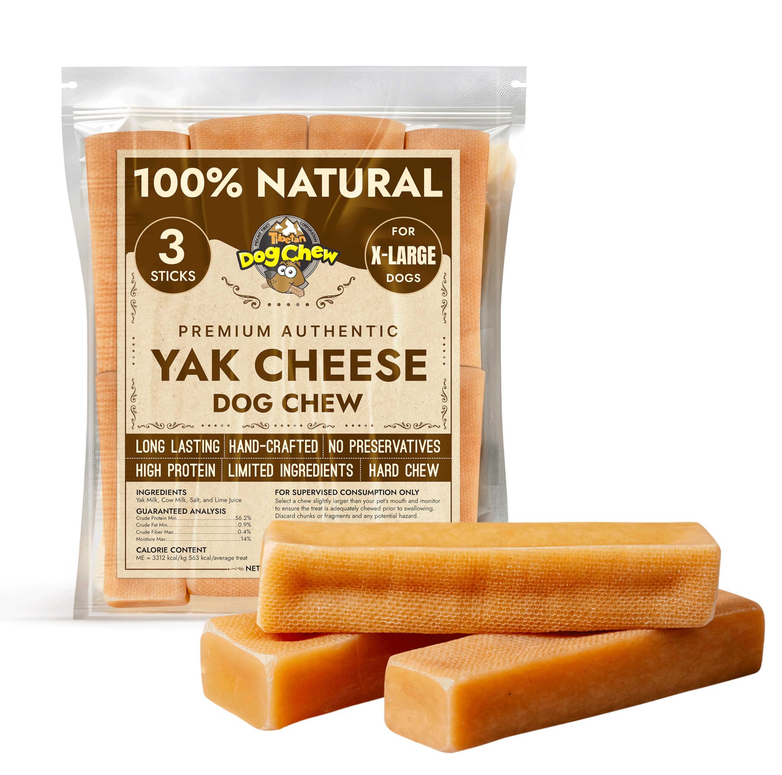 Tibetan Dog Chew Yak Cheese Sticks packaging highlights premium ingredients for long-lasting enjoyment