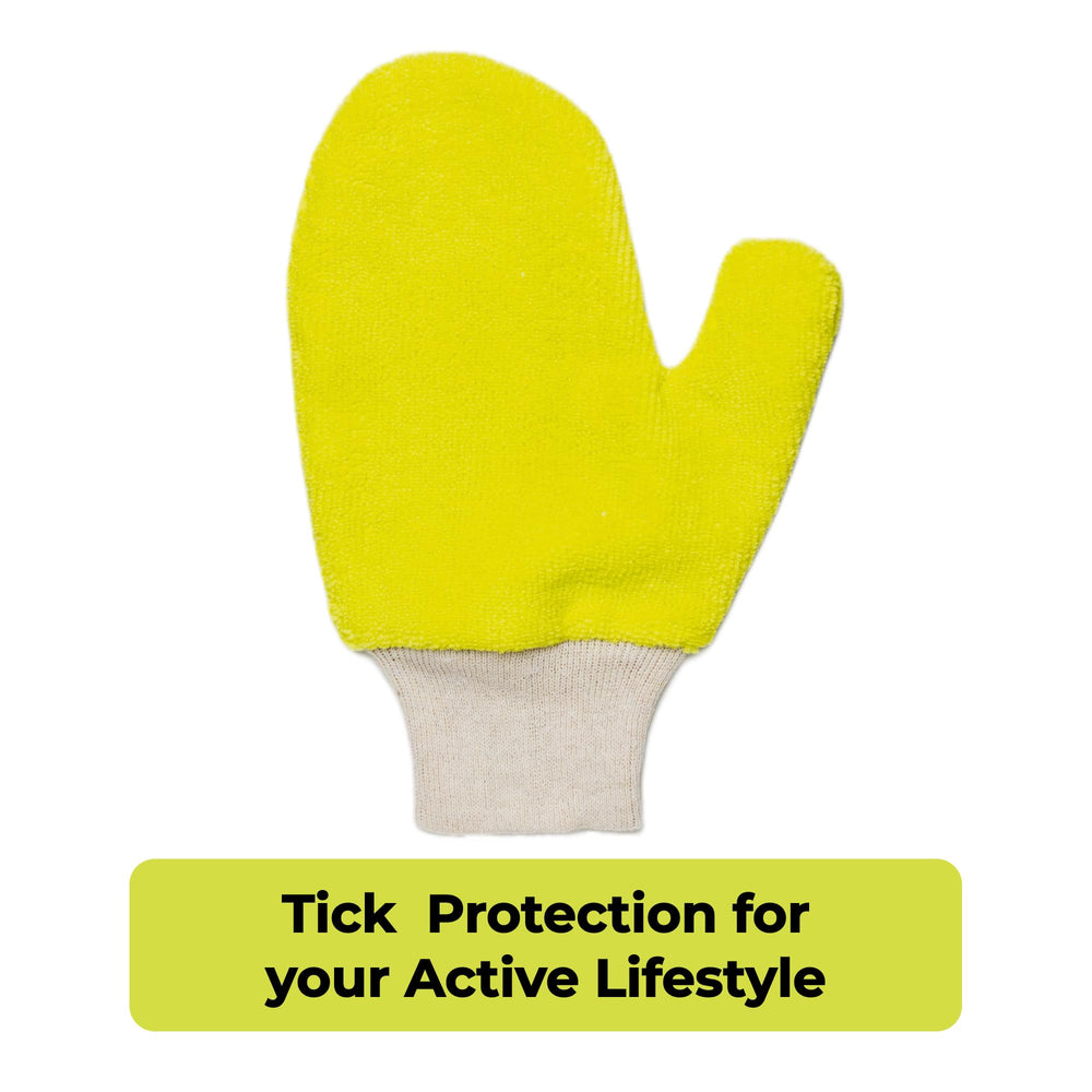 TiCK MiTT yellow glove removing tick from pet fur with gentle precision