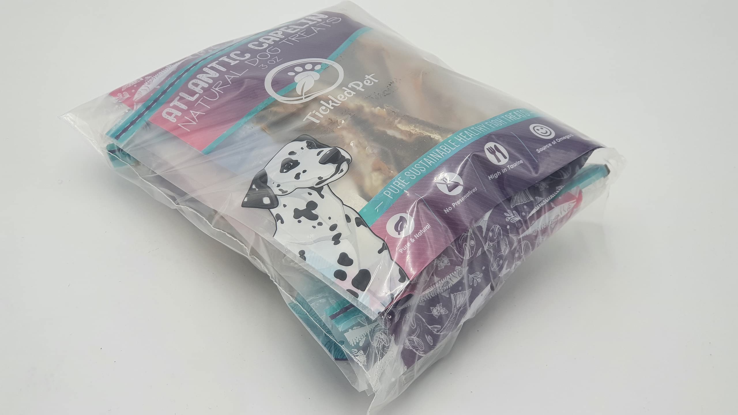 TickledPet Capelin 3-Pack treat bag close-up highlighting omega-3 rich, grain-free dog snack.