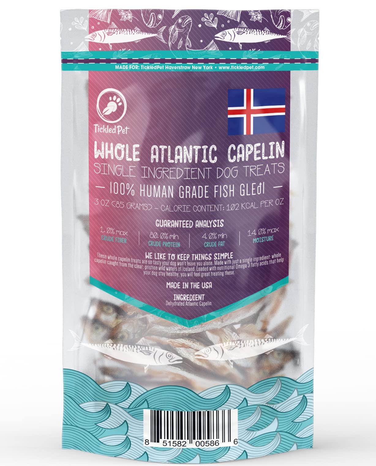 TickledPet Capelin dog treats wild catch North Atlantic sustainability label highlight