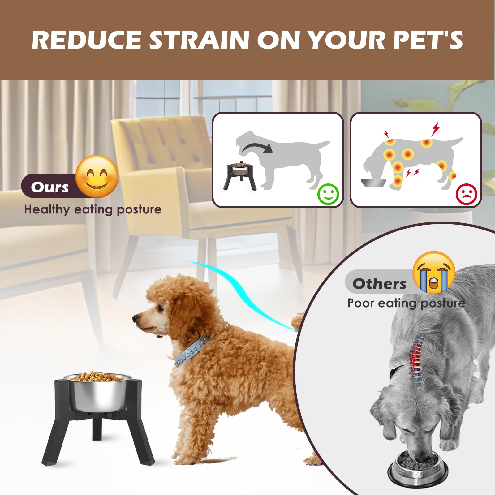 TIDANT dog bowl stand features angled feet and non-slip pads for stability.