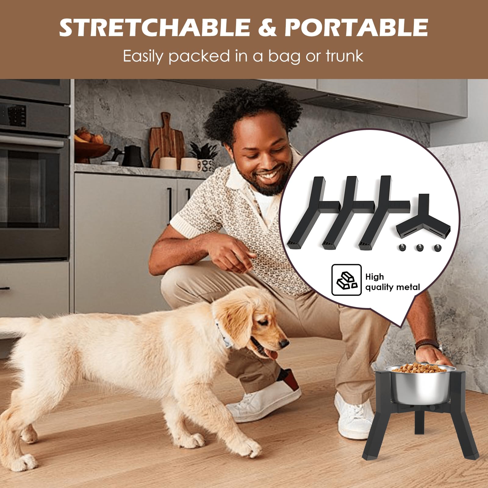 TIDANT elevated dog bowl stand showing 5-8 inch width adjustment for snug bowls.
