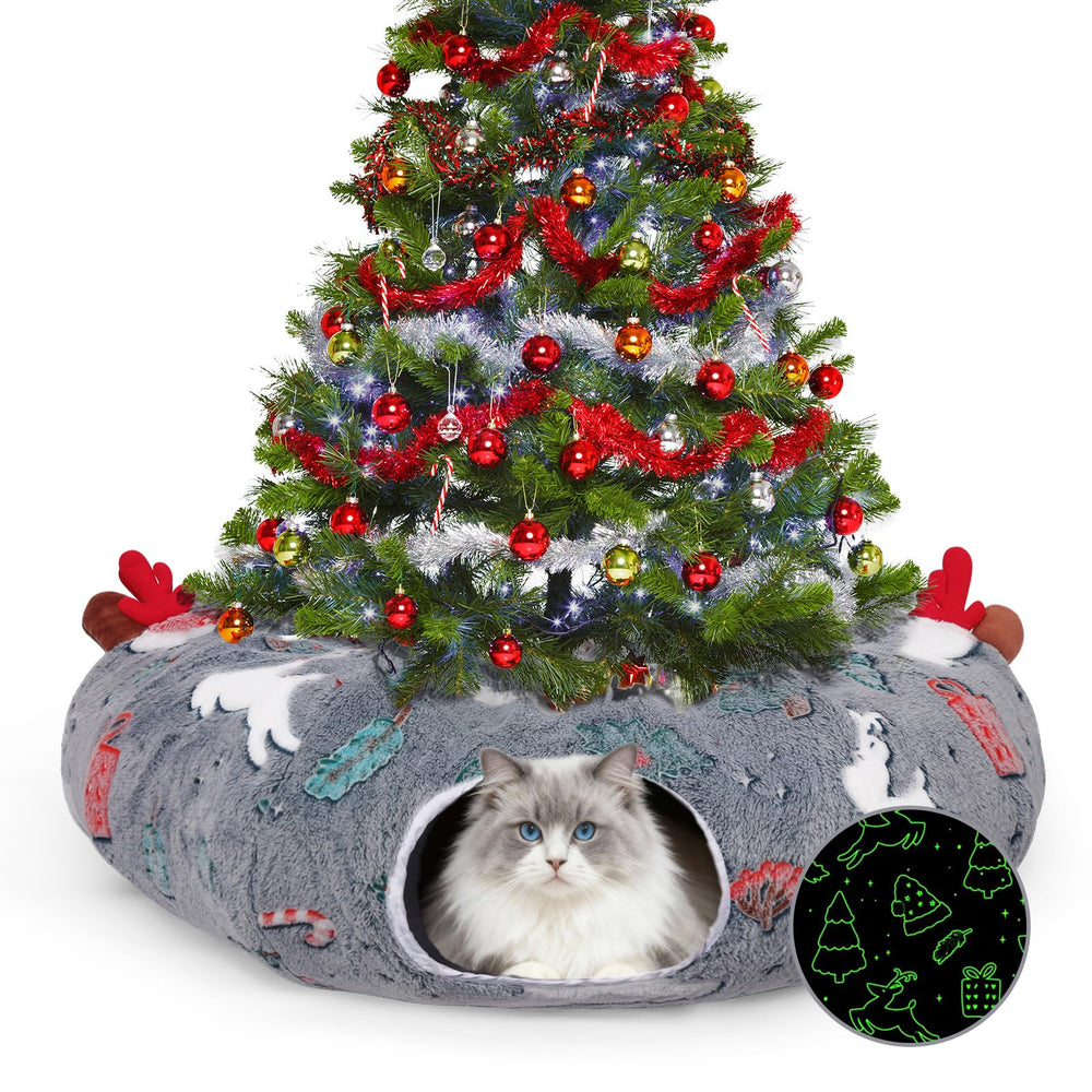 Tidjani cat tunnel Christmas tree skirt protects your tree while inviting curious indoor cats to explore.