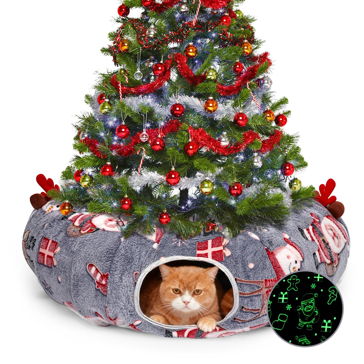 Tidjani cat tunnel Christmas tree skirt, stylish protector and cozy retreat for indoor cats.