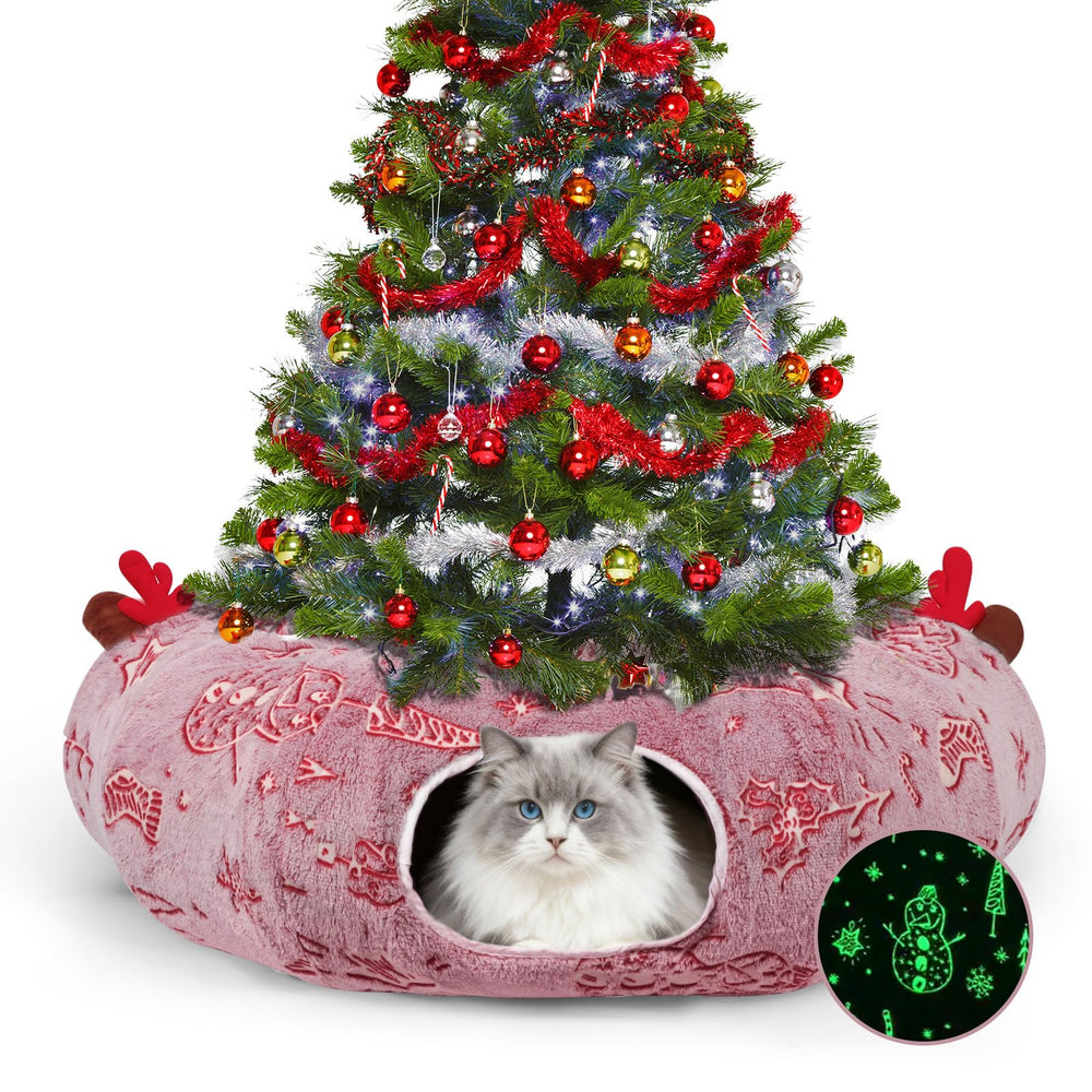 Tidjani cat tunnel Christmas Tree Skirt showcases festive pattern and tree protection.