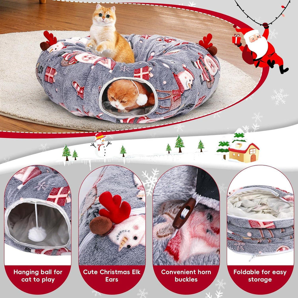 Tidjani cat tunnel includes hanging toy ball for scratching and batting fun.