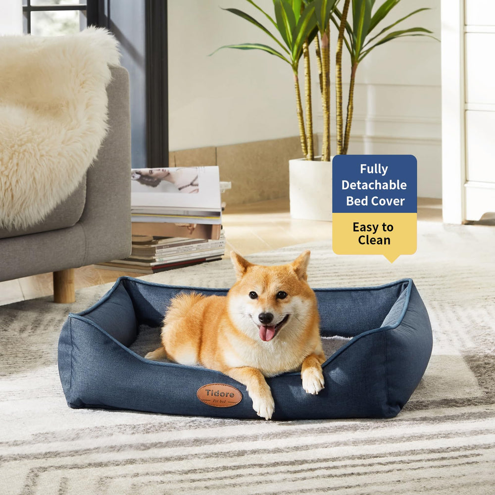 Tidore orthopedic dog bed navy blue cover highlights durable, removable, washable fabric.