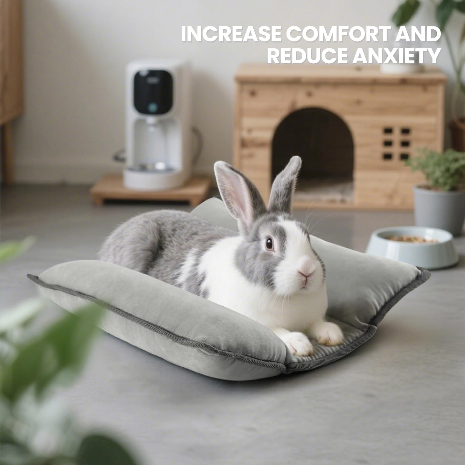 Tierecare Rabbit Bed on floor offers a warm nap spot.