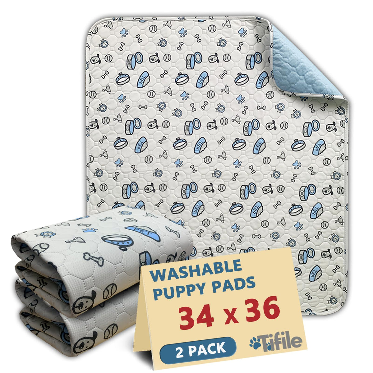 TIFILE washable dog pee pads front view with bone print and non-slip backing for secure use.