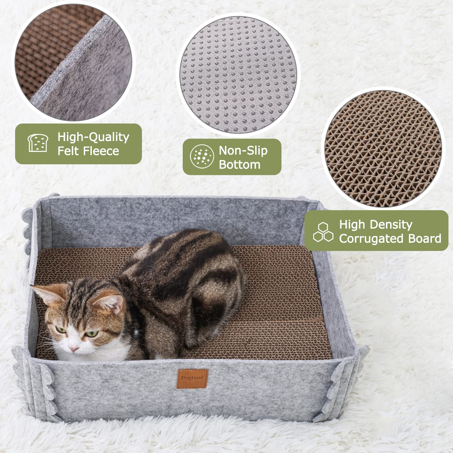 TIGOADT cat scratcher lounge gray felt outer box provides a cozy resting space.