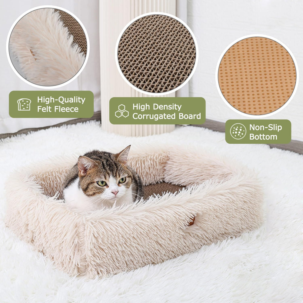 TIGOADT Fluffy Cat Scratcher Lounge Box beige removable cardboard enables longer dual-sided scratching
