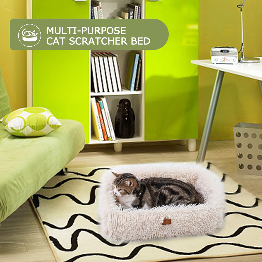 TIGOADT Fluffy Cat Scratcher Lounge Box beige resting-cat demonstrates nap-friendly design