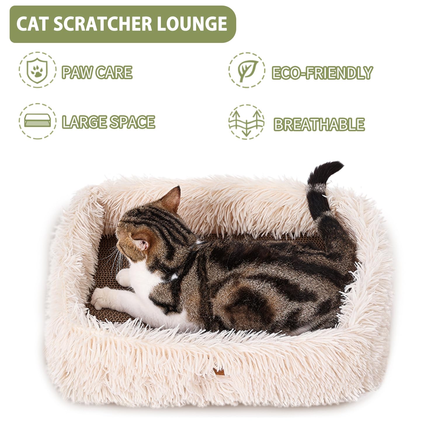 TIGOADT Fluffy Cat Scratcher Lounge Box beige side angle highlights durable cardboard for long-lasting scratching