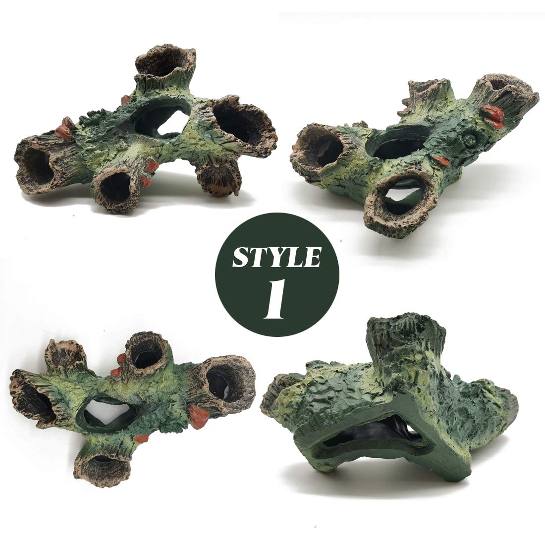 TIHOOD resin log with holes and caves in aquarium shows hiding spots for small fish and shrimp