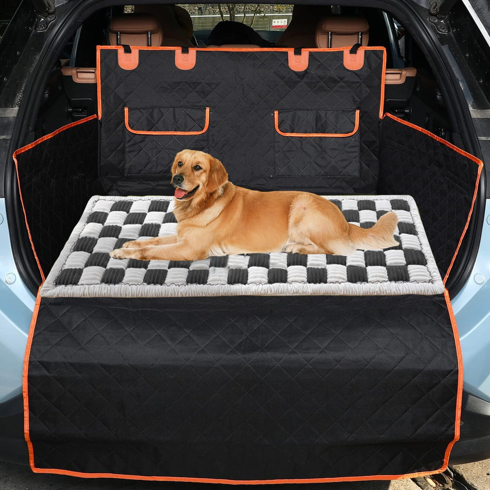 TiInsta backseat pet bed mat machine-washable label shows easy cleaning after trips.