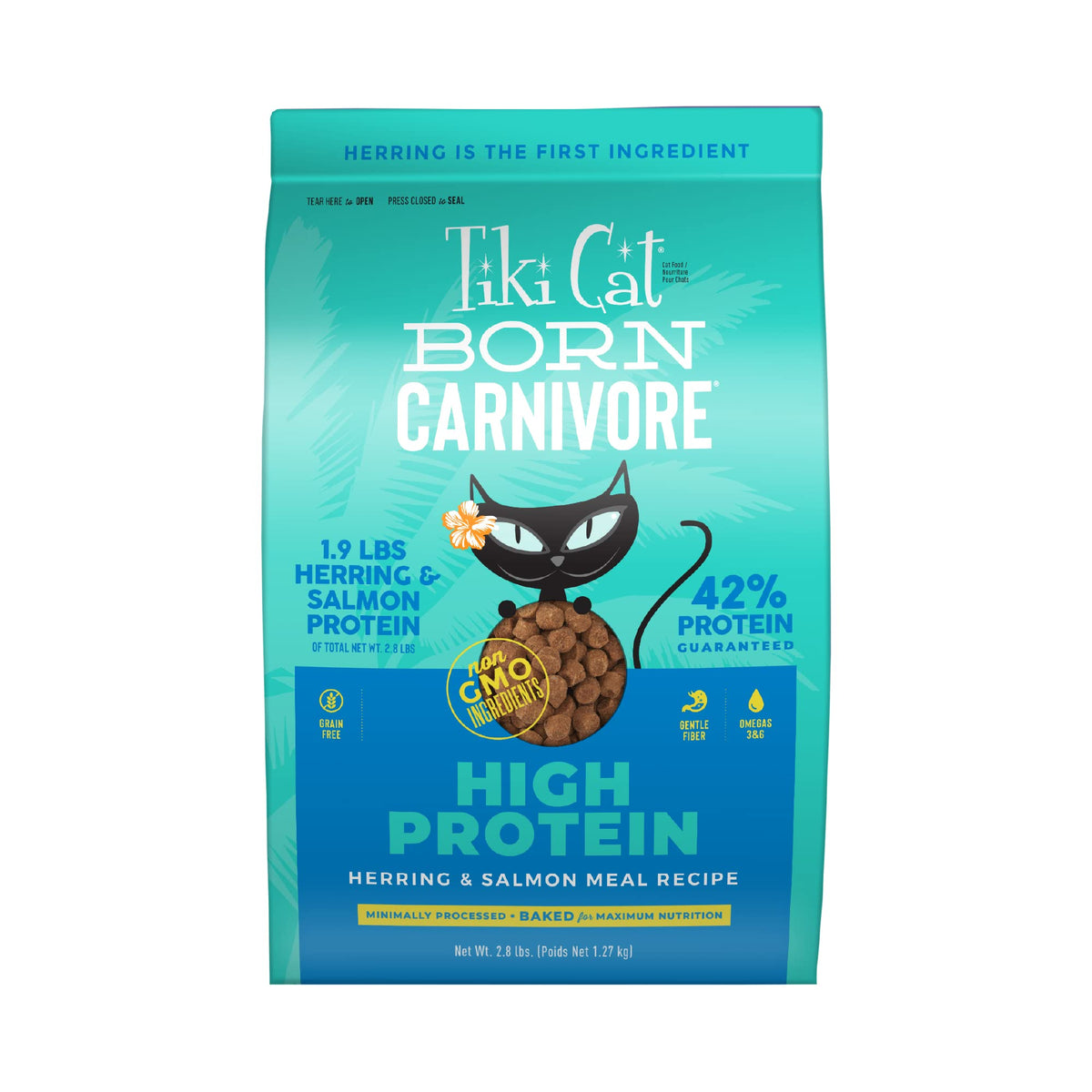 Tiki Cat Born Carnivore dry bag with herring and salmon focus for meat-forward meals.