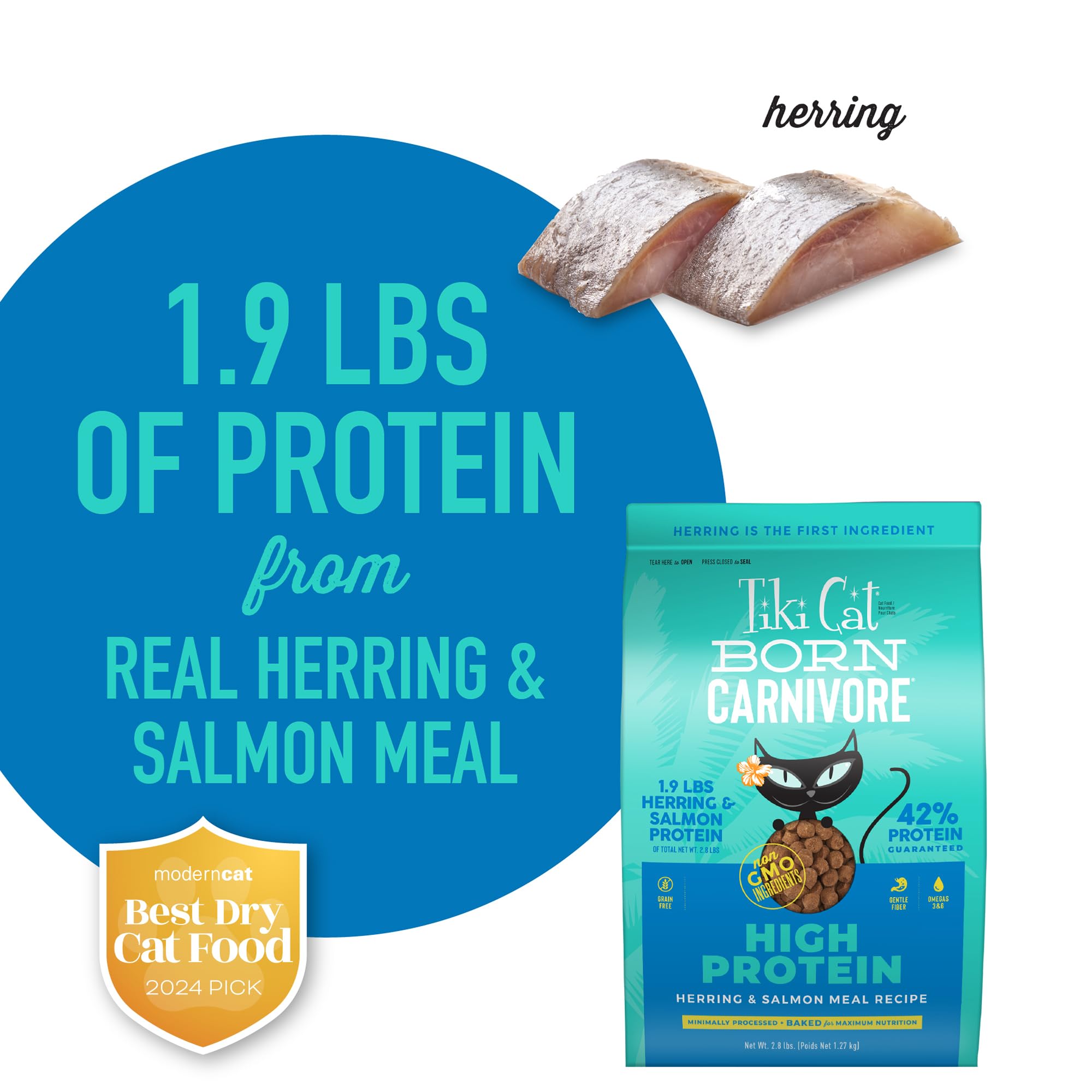 2.8 lb bag of Tiki Cat Born Carnivore on a shelf for convenient feeding.