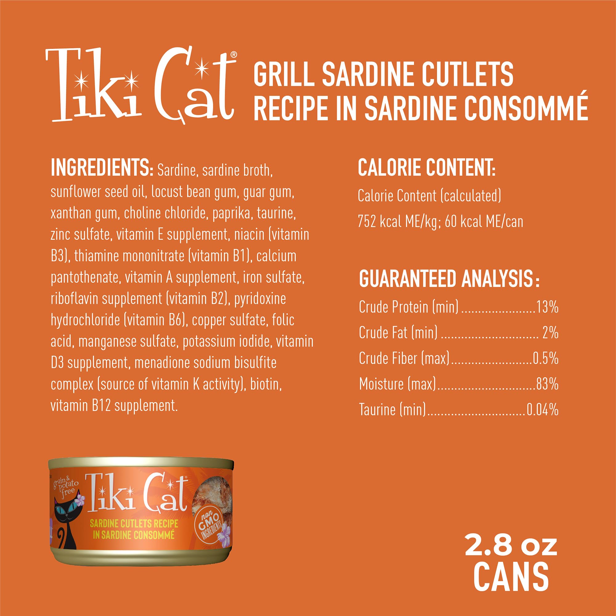 Tiki Cat Grill sardines first ingredient signals protein-rich nutrition cats crave.