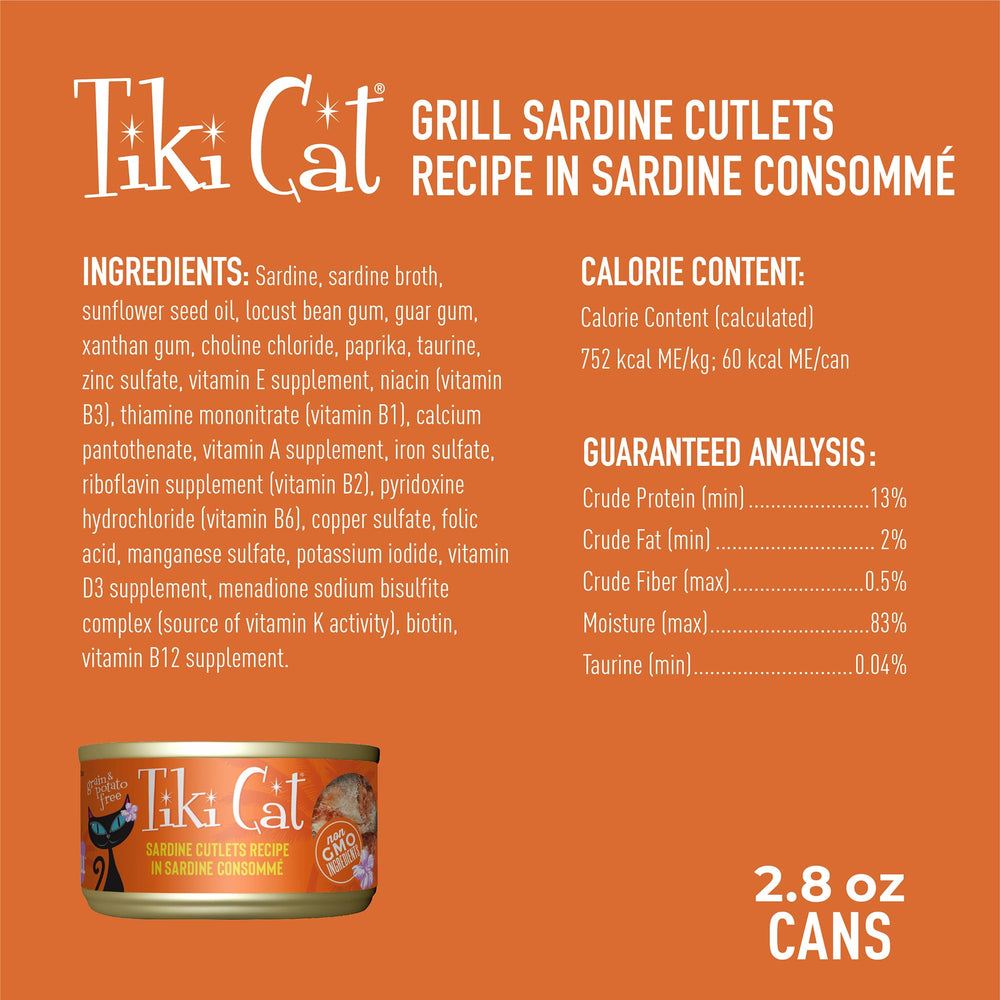 Tiki Cat Grill sardines first ingredient signals protein-rich nutrition cats crave.