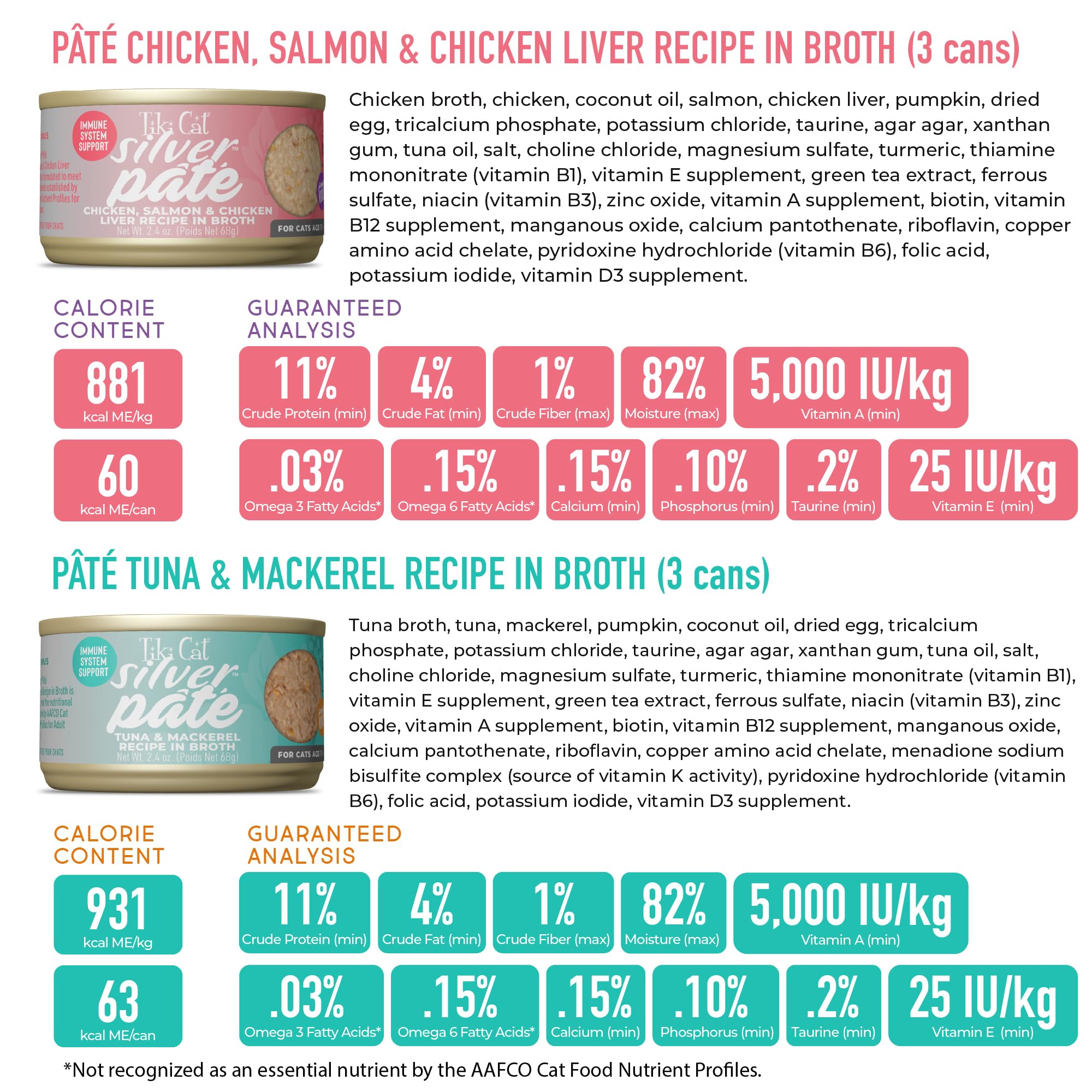 Tiki Cat Silver Pate grain-free formula supports grain-free diets.