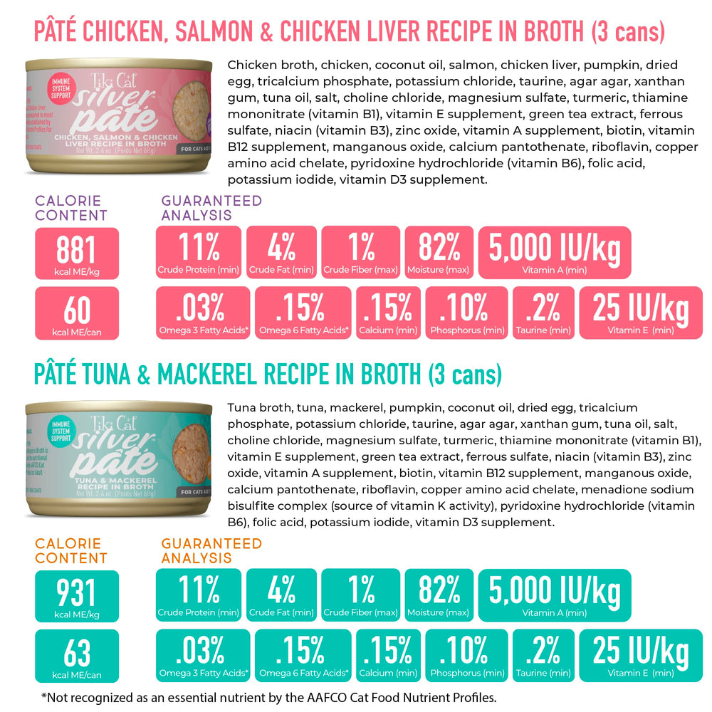 Tiki Cat Silver Pate grain-free formula supports grain-free diets.