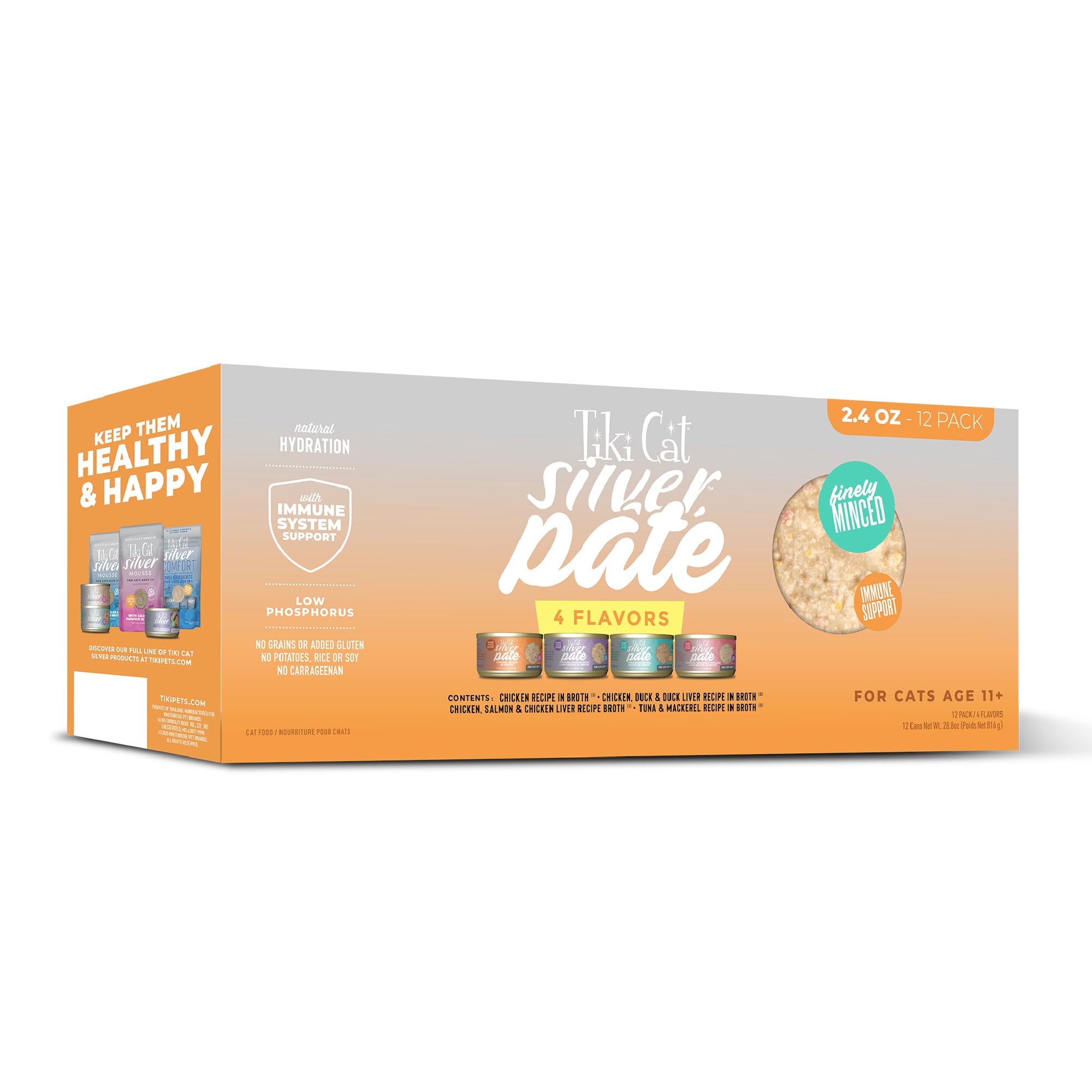 Tiki Cat Silver Pate variety pack cans for senior cats with balanced nutrition.
