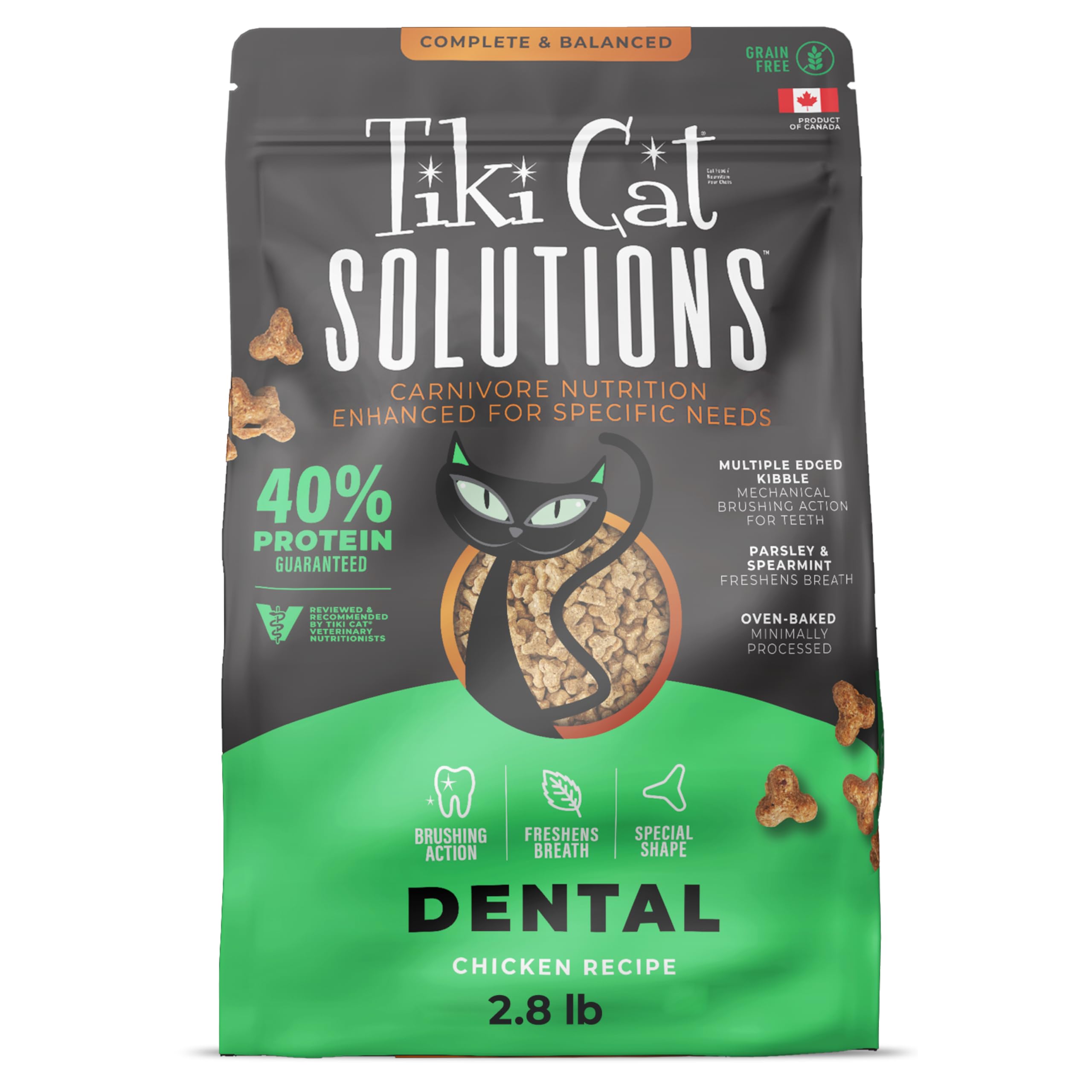 Tiki Cat Solutions dental kibble chicken closeup supports dental health with crunchy texture.