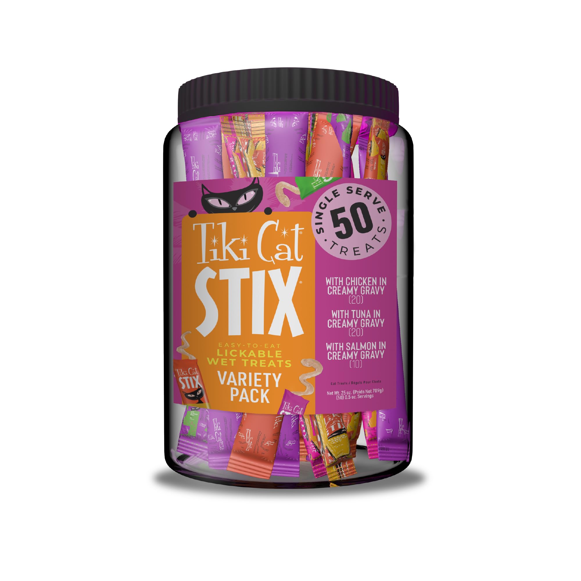Tiki Cat Stix Mousse Treats mega jar label highlights protein-rich snack.