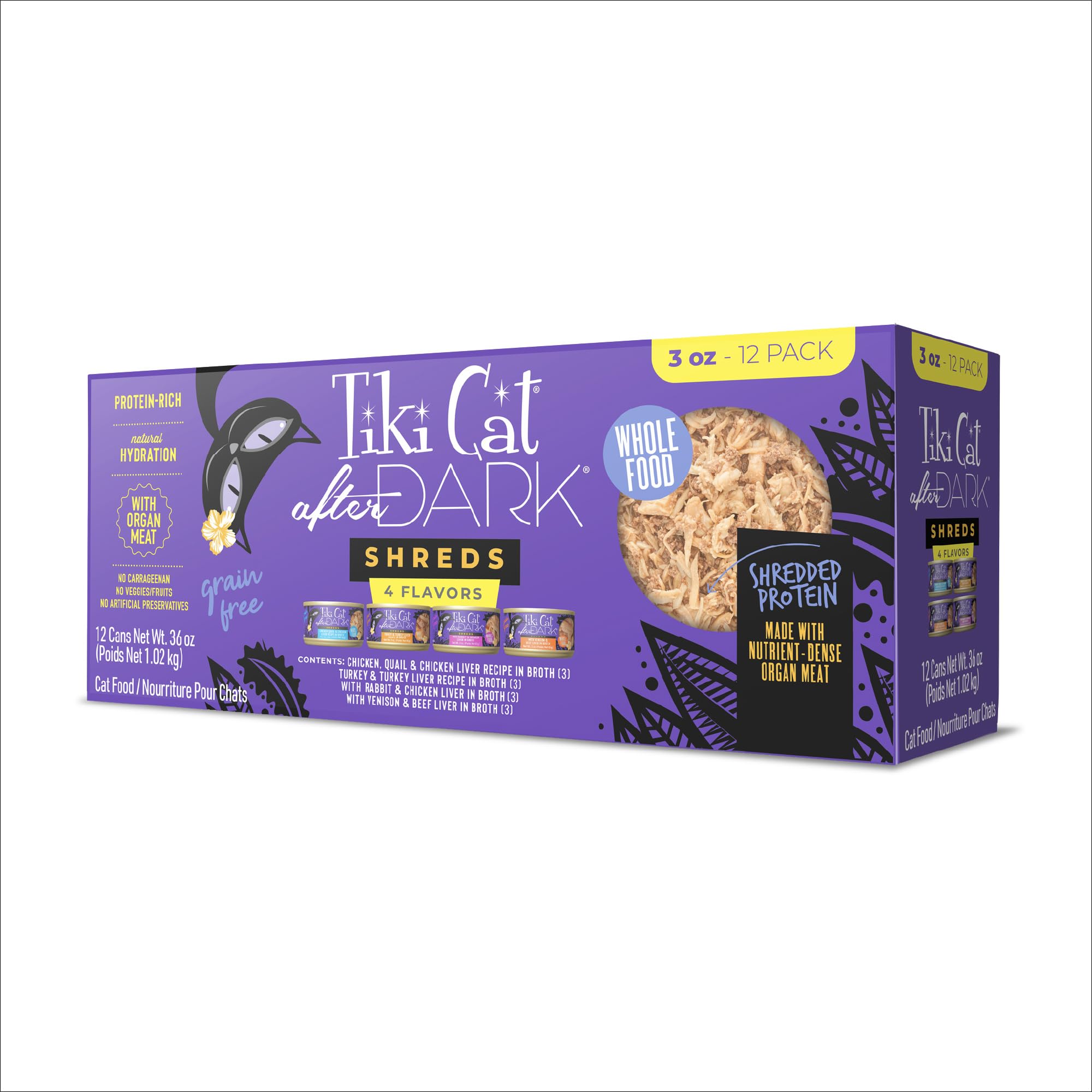 Tiki Cat After Dark Shreds front pack shows convenient 3oz cans for daily meals.