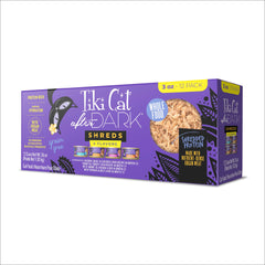 Tiki Cat After Dark Shreds front pack shows convenient 3oz cans for daily meals.