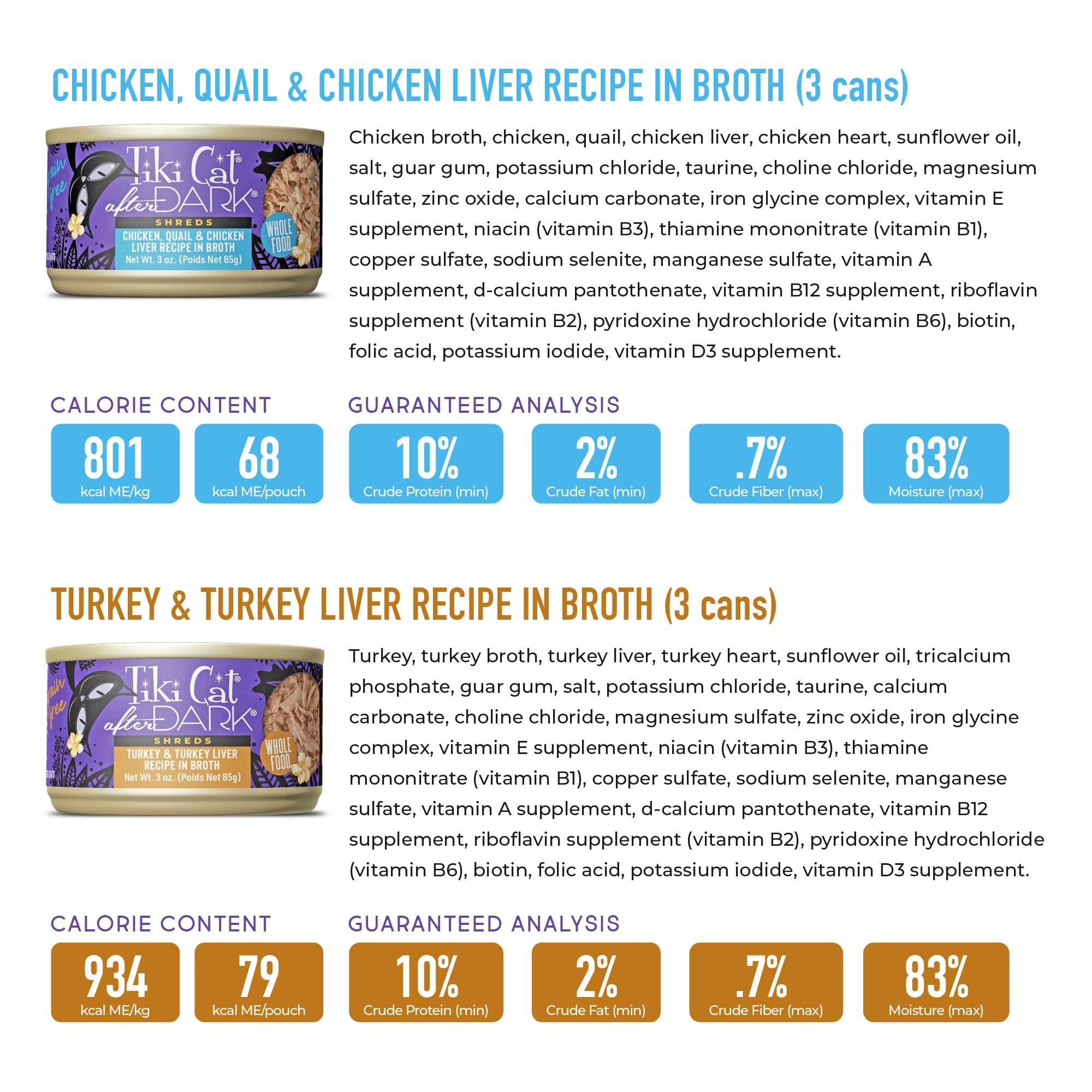 Tiki Cat After Dark Shreds protein-rich closeup—real meat textures support mealtime interest.