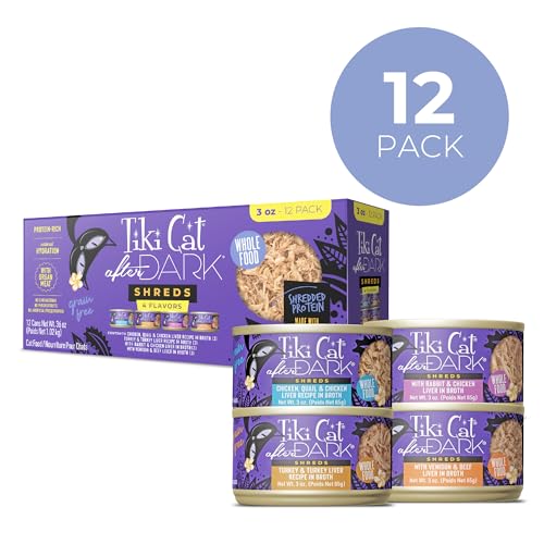 Tiki Cat After Dark Shreds variety pack cans—protein-rich bites for carnivore-inspired diet.