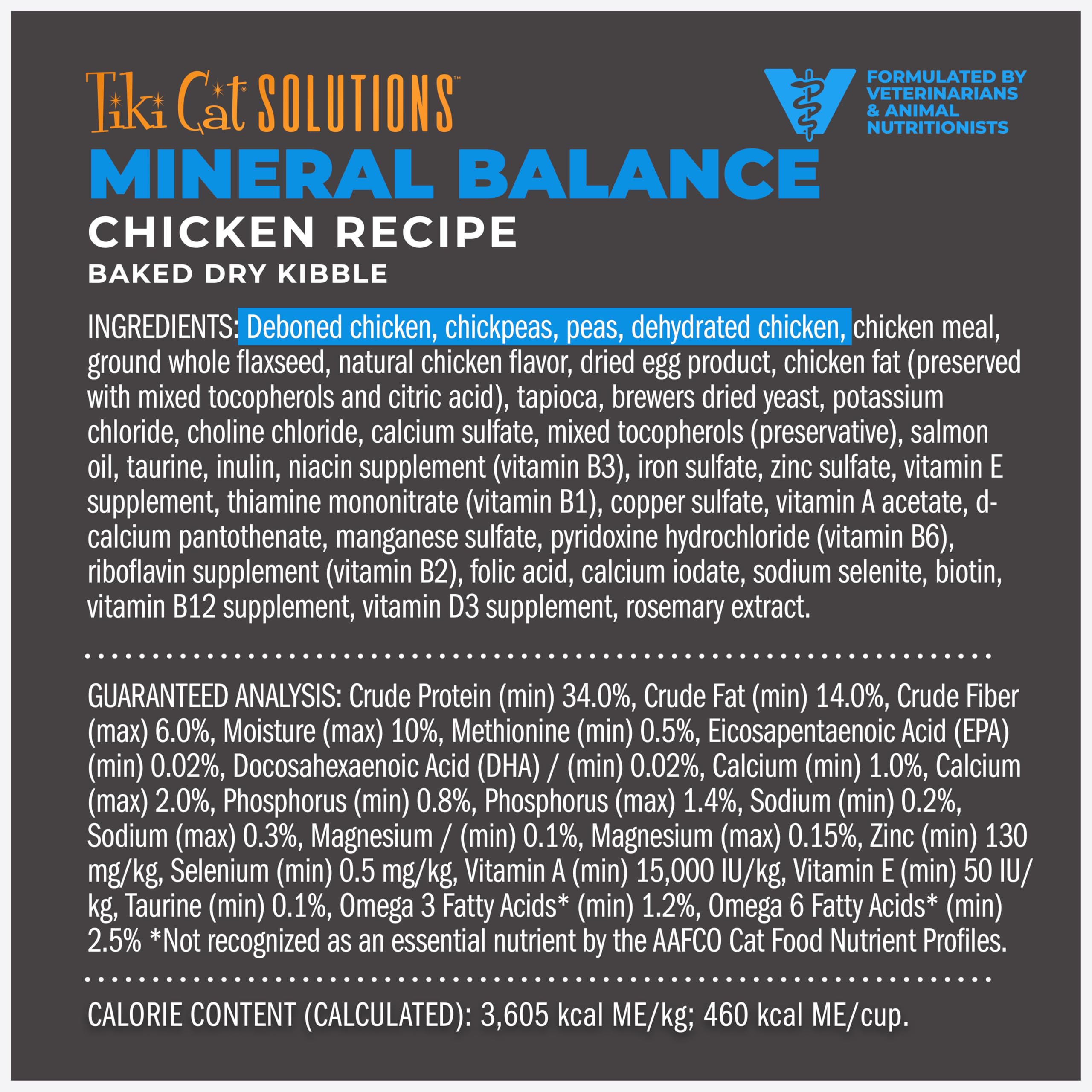 Tiki Cat Solutions Chicken recipe ingredients featuring real chicken protein