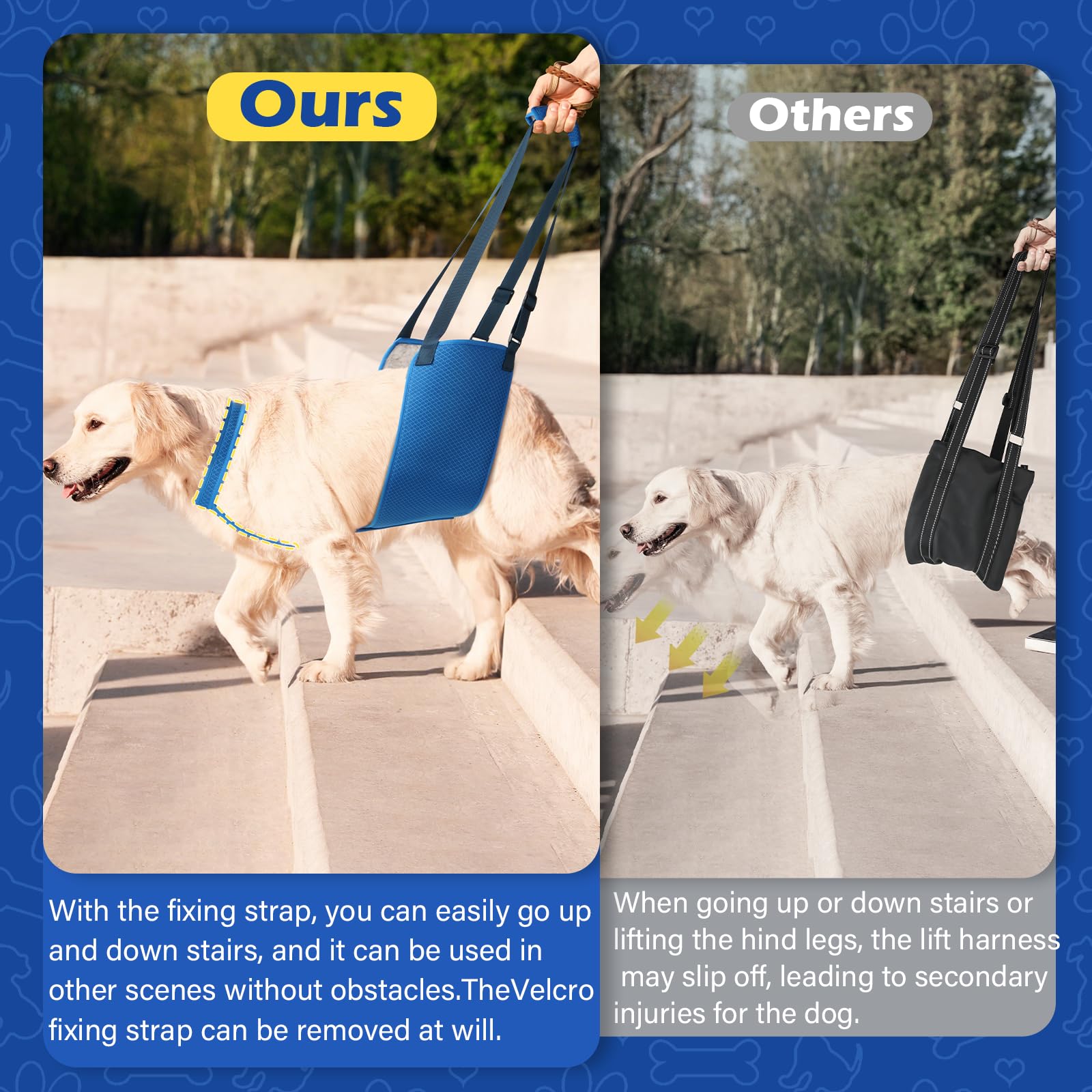 Tikibest adjustable dog lift harness usage stairs shot demonstrates gait stabilization.