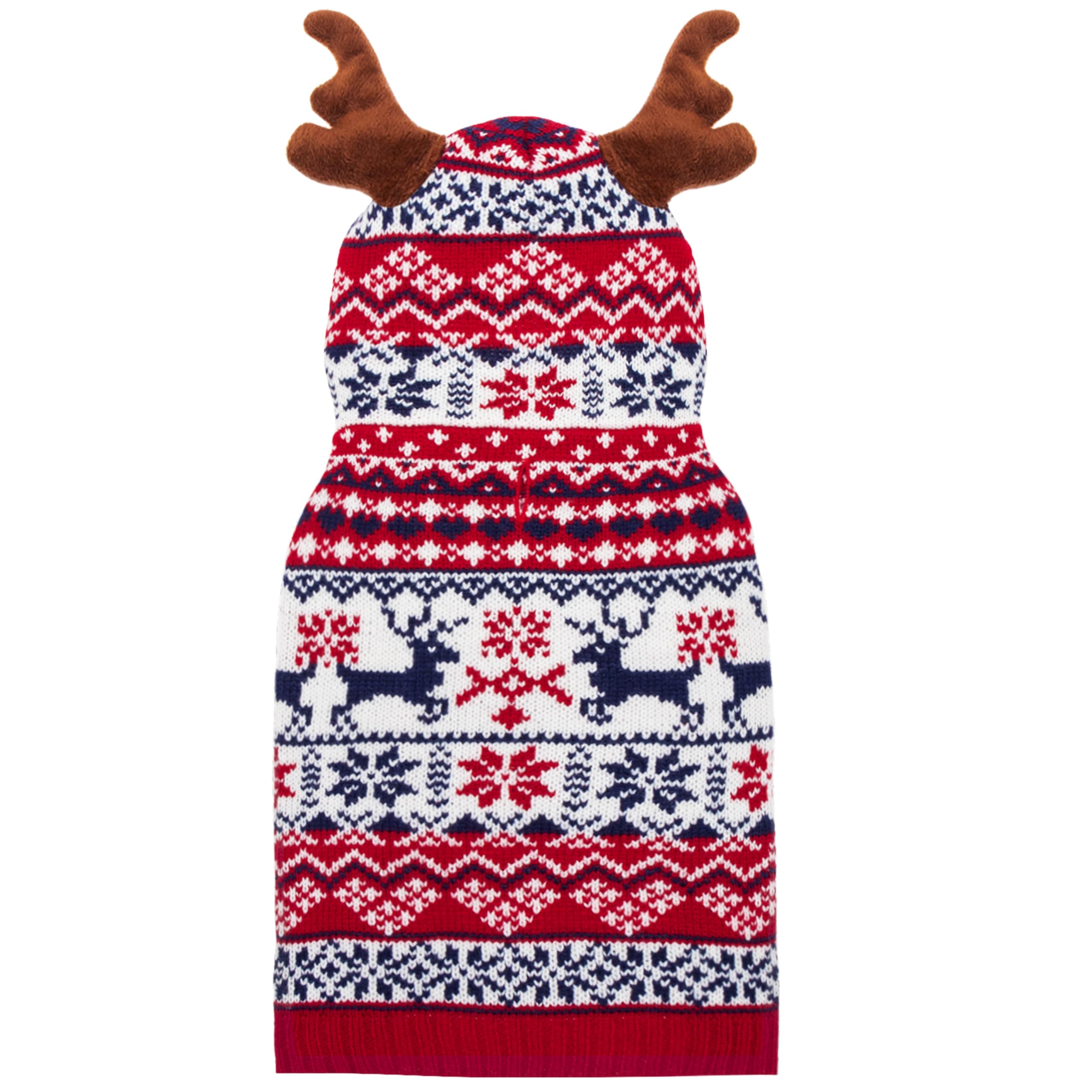 TUKOAW Christmas dog sweater front view shows festive elk pattern for cozy holiday photos.