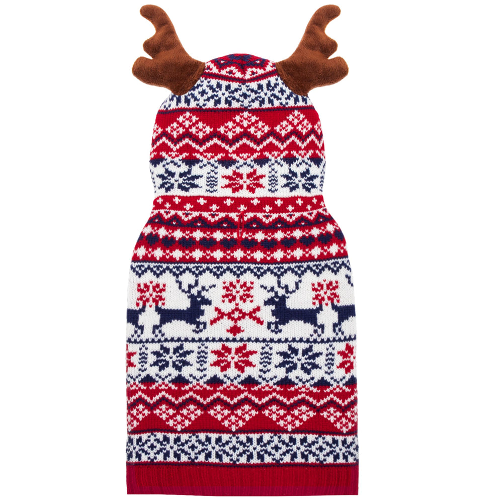 TUKOAW Christmas dog sweater front view shows festive elk pattern for cozy holiday photos.