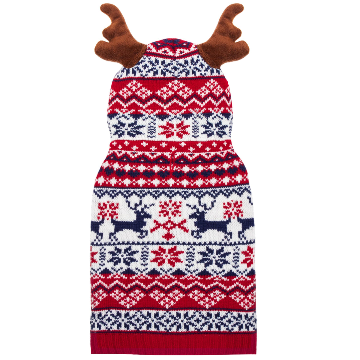 TUKOAW Christmas dog sweater front view shows festive elk pattern for cozy holiday photos.