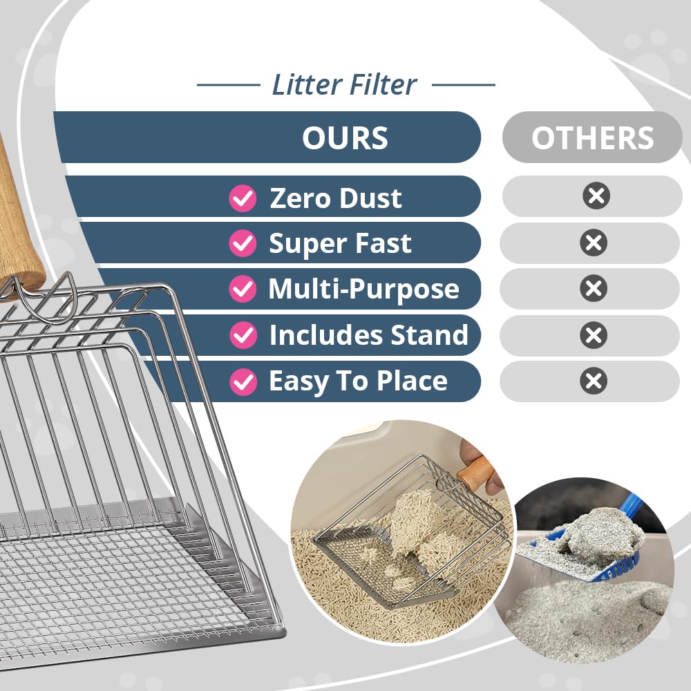 Tilatumo Easy Use metal scoop showing automatic sifting in action for quicker cleaning.