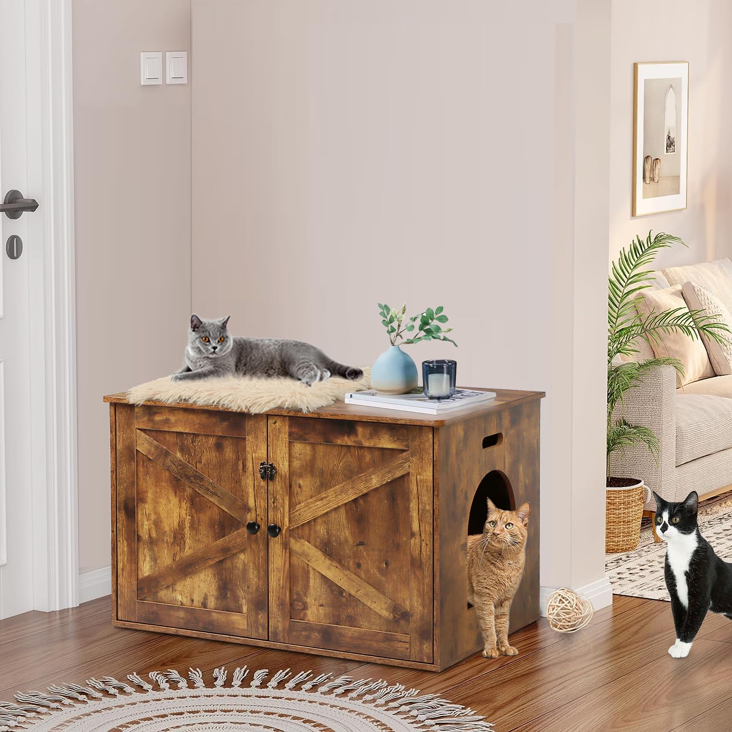 Timberer cat litter box enclosure divider removed reveals extra space.