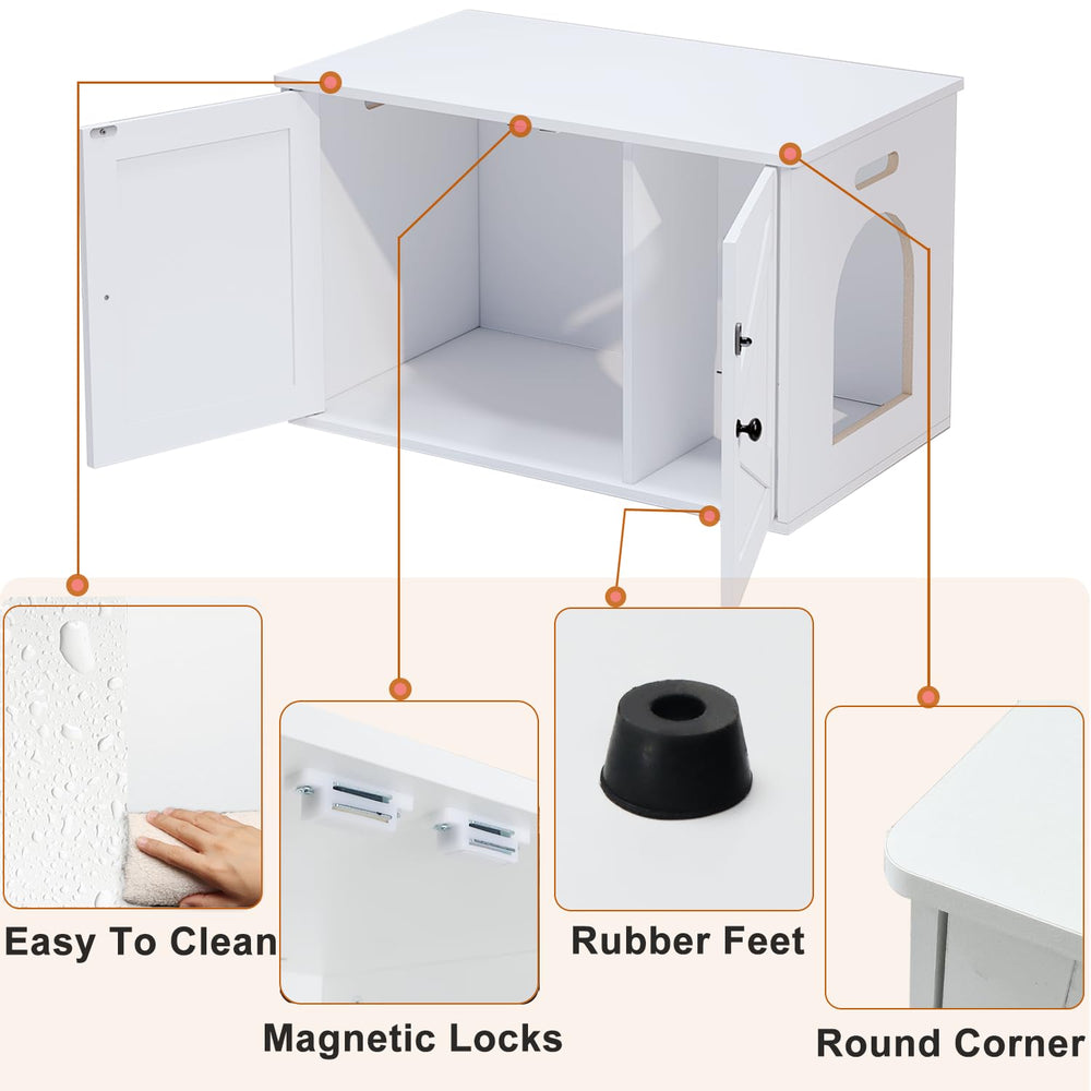 Timberer cat litter box enclosure double doors allow easy cleaning access.