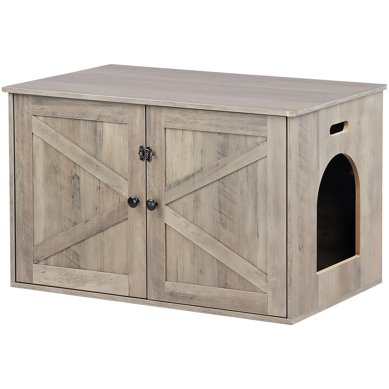 Timberer cat litter box enclosure front view, discreet furniture integration